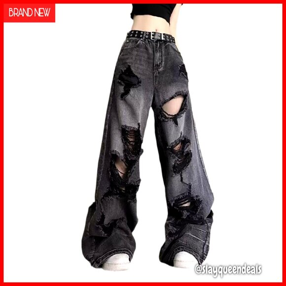 Baggy Ripped Straight Leg Jeans High Waisted Distressed Y2K Grunge Pants